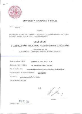 Osvědčení o úspěšném absolvování doplňkového studia pro tlumočníky/překladatele na právnické fakultě Univerzity Karlovy