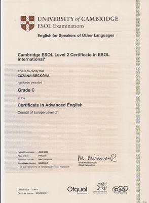 Certifikát CAE- r. 2009