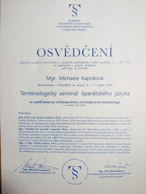 Absolvování terminologického semináře španělského jazyka - veřejnoprávní a trestněprávní terminologie