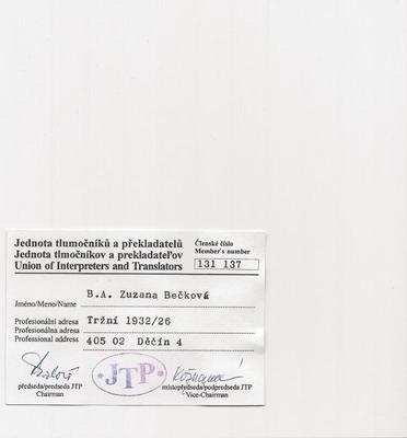 Průkaz člena Jednoty tlumočníků a překladatelů