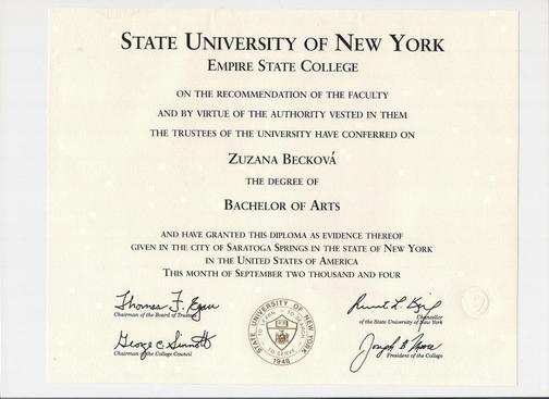 Diplom z University of New York in Prague, Empire State College- r. 2004