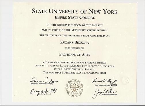 Diplom z University of New York in Prague, Empire State College- r. 2004